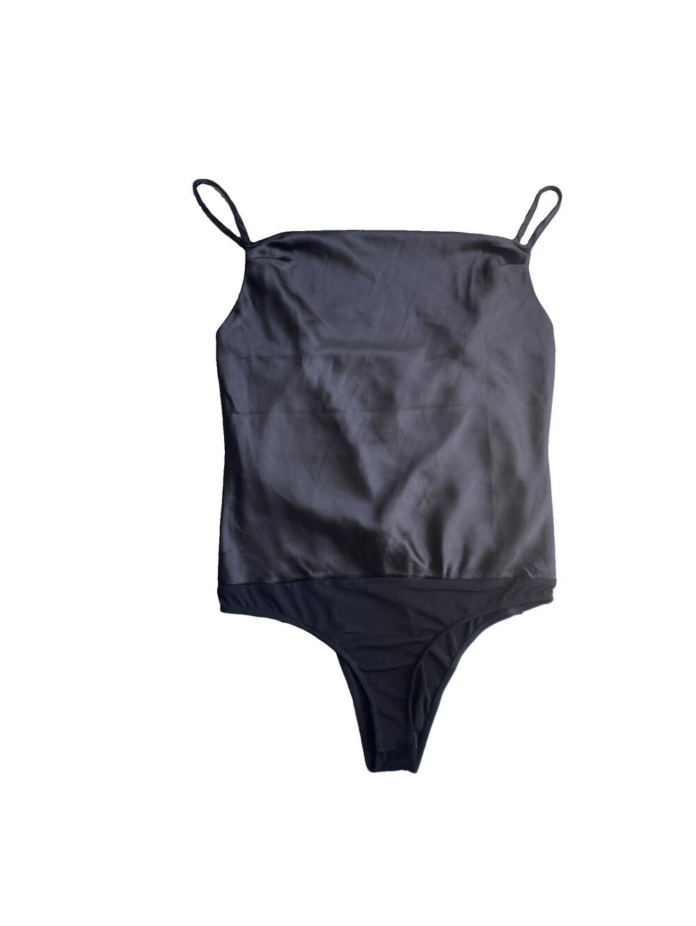 DRESS FORUM Black Satin Cami Bodysuit Spaghetti Strap Silky Tank S Small